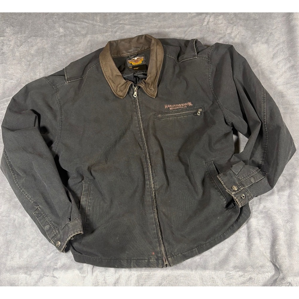 Harley-Davidson Canvas Riding Jacket Black, Leather Collar Mens 3XL Embroidered